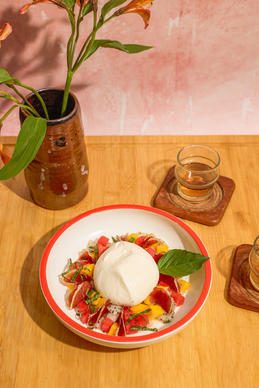 Tropical Burrata with Duck Prosciutto